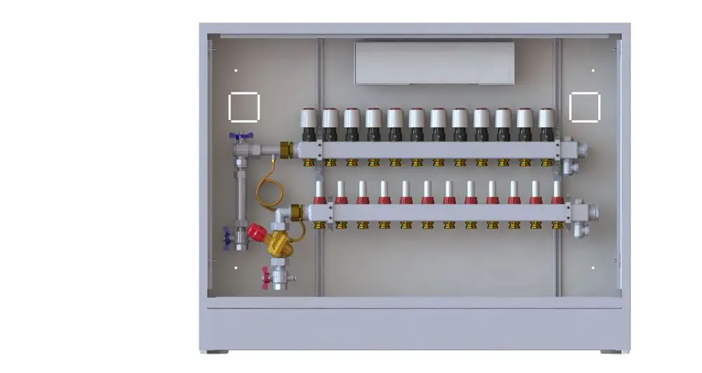 Heizungsverteilungseinheit von Danfoss mit mehreren Heizkreisläufen, Ventilen und einer Steuerungseinheit in einem kompakten Gehäuse, montiert an einer Wand.
